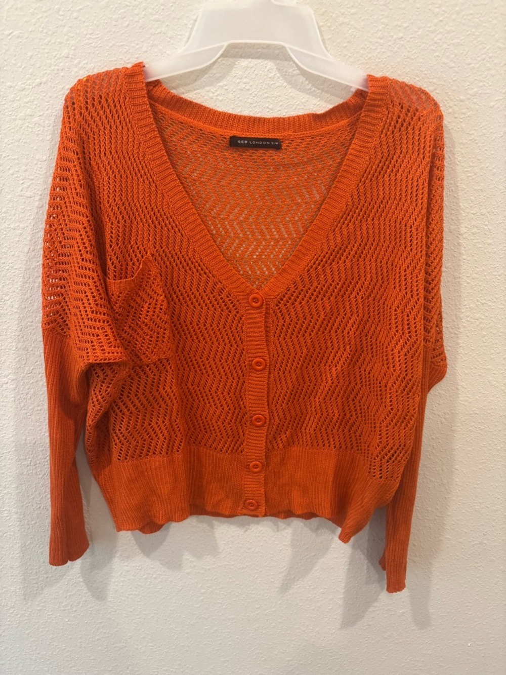 QED London Open-Knit V-Neck Button Cardigan in Orange